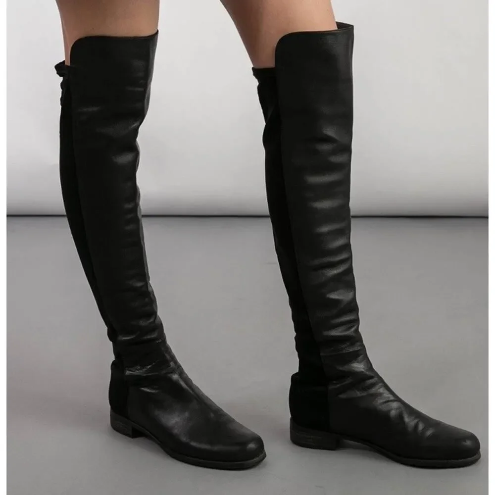 Stuart Weitzman 5050 Black Leather Over Knee Boots Low Heel Size 8.5